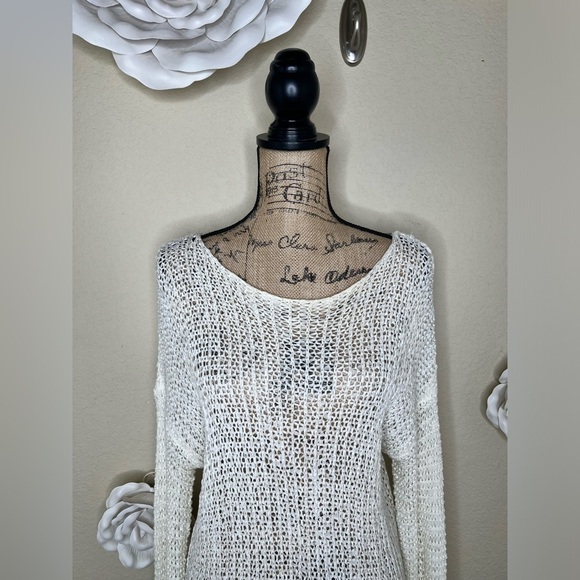 NTM: Entro Open Weave Knit Crochet Layered Lace Cream Tunic Sweater Sz M - Picture 3 of 16